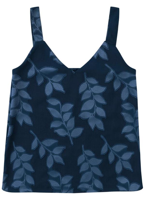 Blusa Ampla Folhagens em Jacquard Azul Marinho