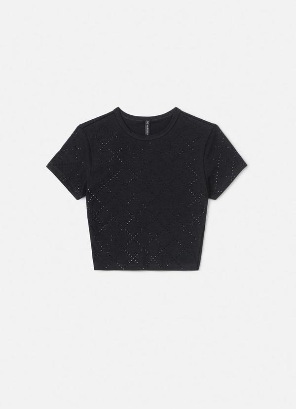 Blusa Baby Tee Preta com Pedraria Preto