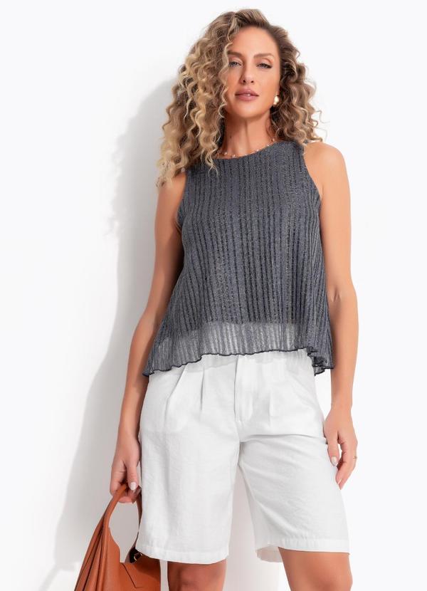Blusa Cinza Escuro em Malha Tricot com Fios de Lurex Dourado