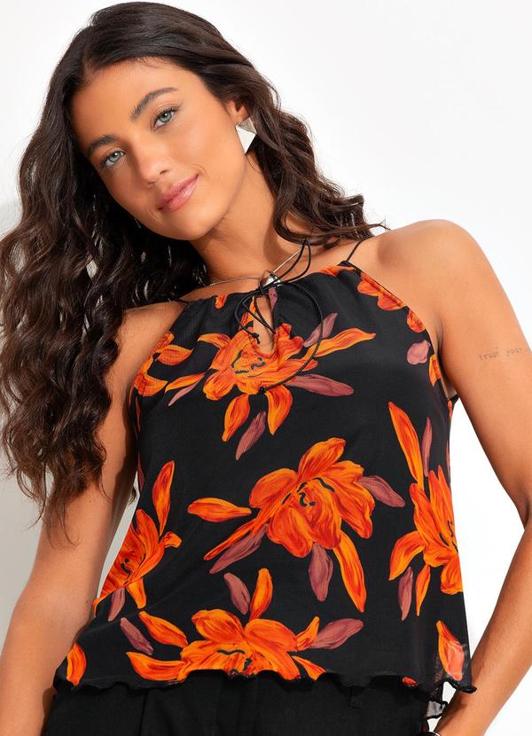 Blusa Floral Laranja em Tule
