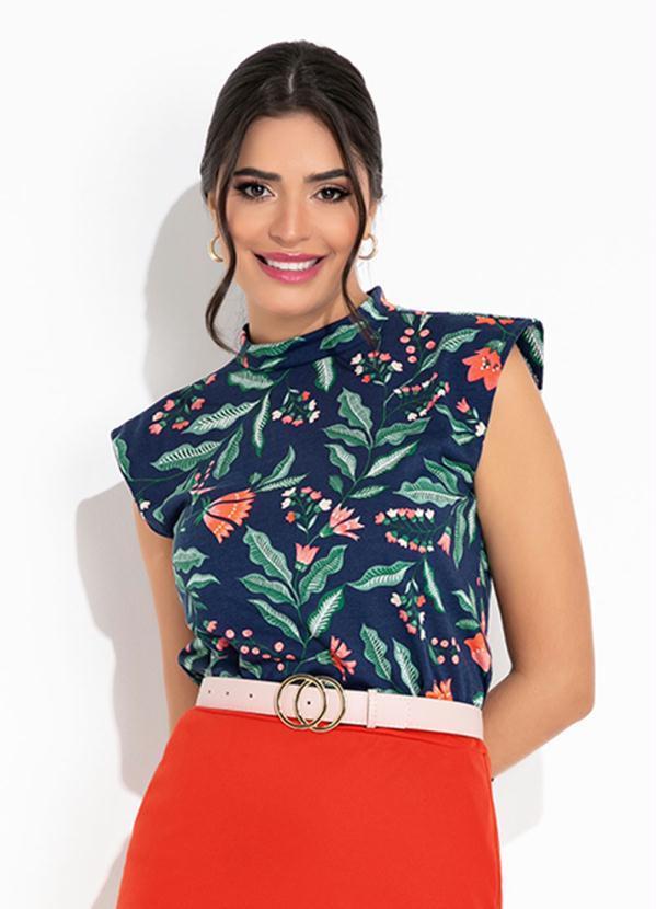 Blusa Floral Marinho com Gola