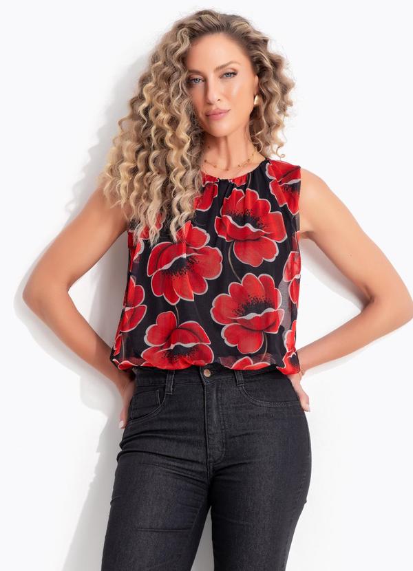 Blusa Floral Vermelho em Tule