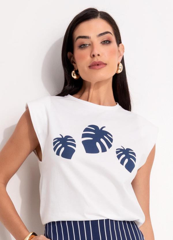 Blusa Folhagem Azul em Malha de Algodão Penteado