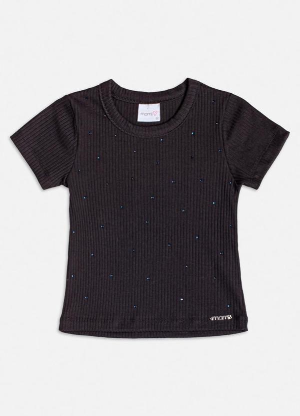 Blusa Manga Curta Canelada com Strass Preto
