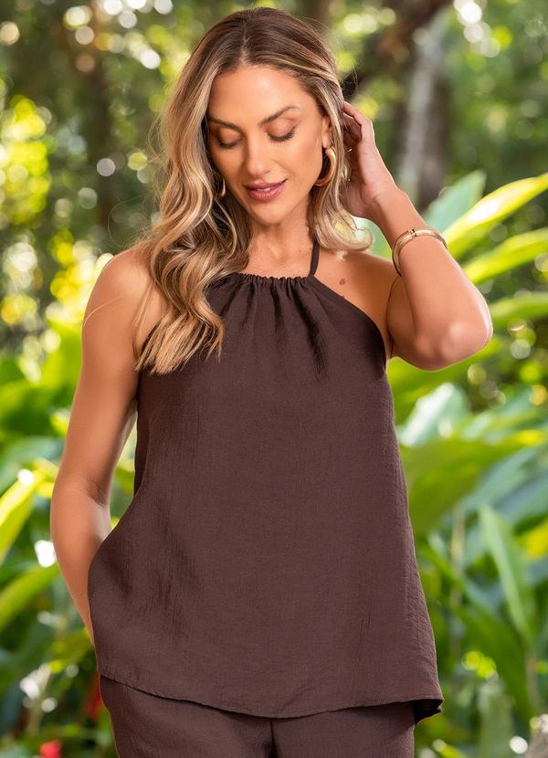 Blusa Marrom em Viscose Plana Sarjada