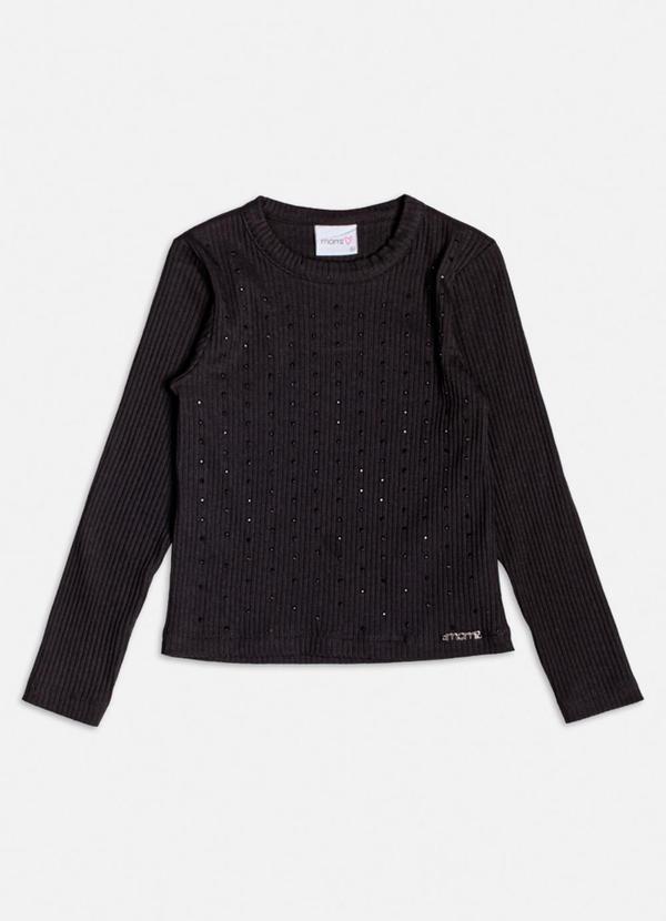 Blusa Preta Canelada com Strass Preto