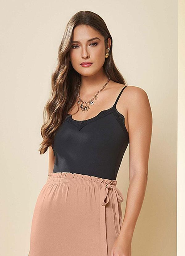 Body de Alças Finas Boho com Renda Preto