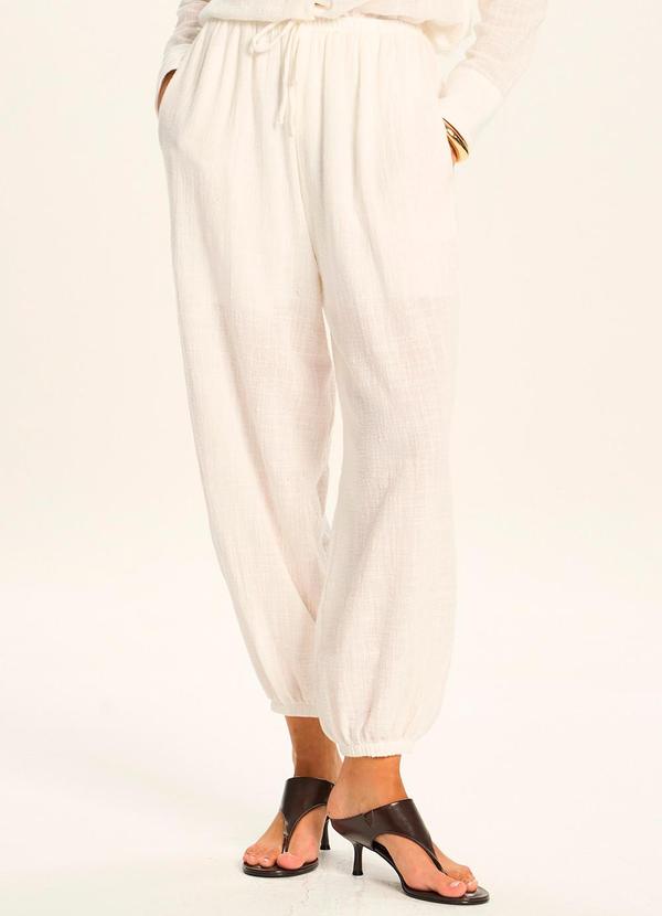 Calça Aladim Ampla em Algodão Forrada Branco