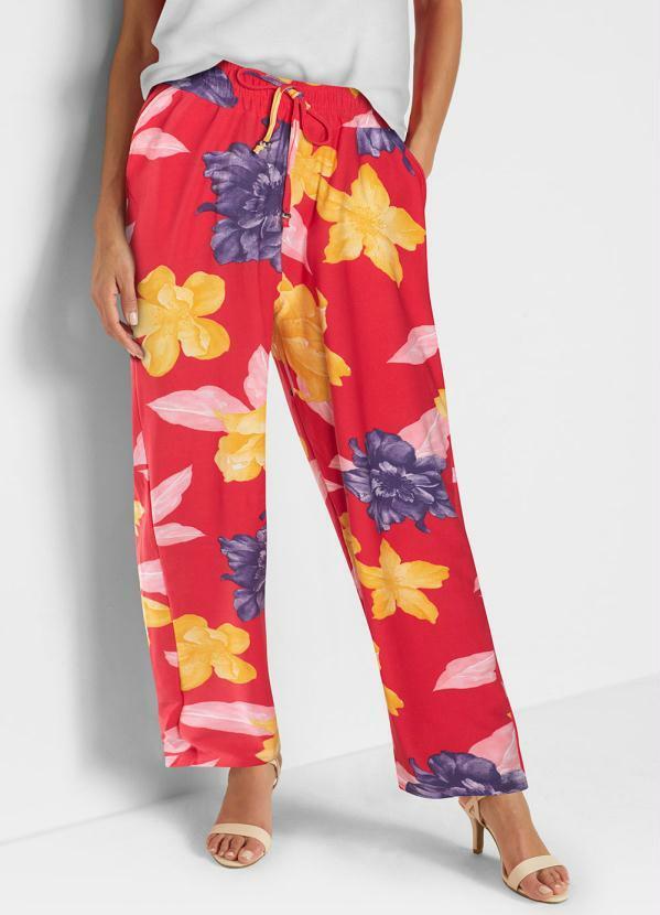 Calça com Bolsos e Amarração Floral Vermelho