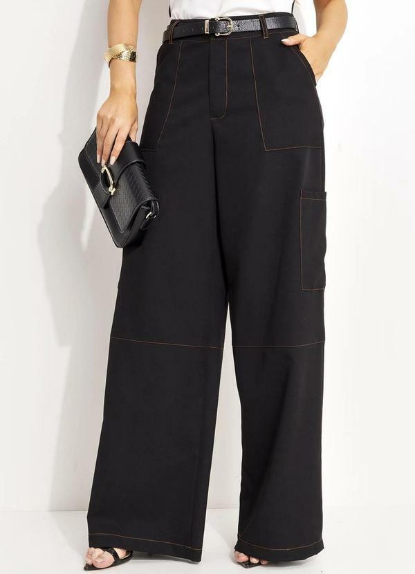 Calça Pantalona Alfaiataria Preta com Costura Contrastante e Bolsos