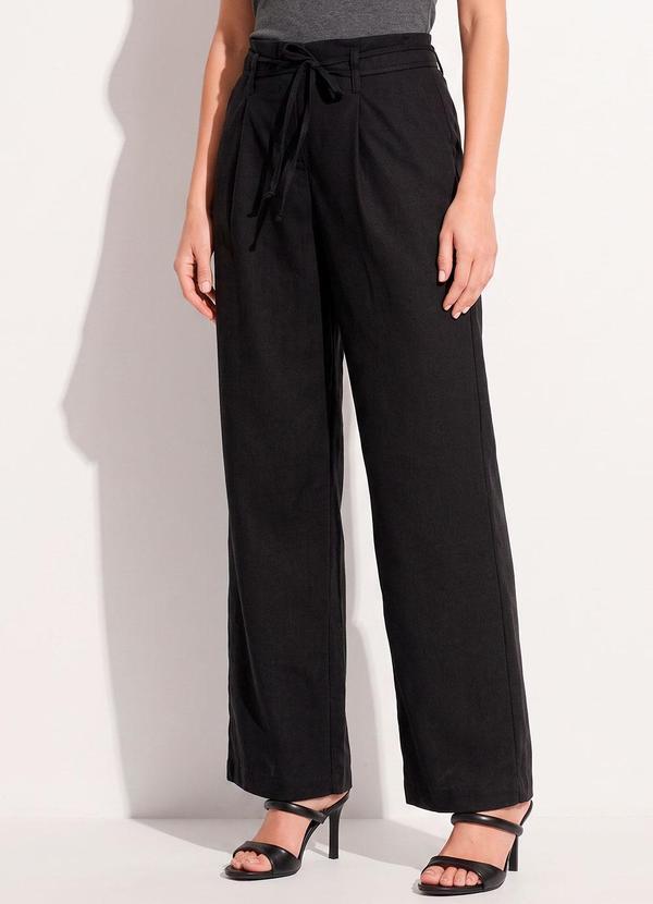 Calça Pantalona Preta em Viscose e Linho com Cintura Alta