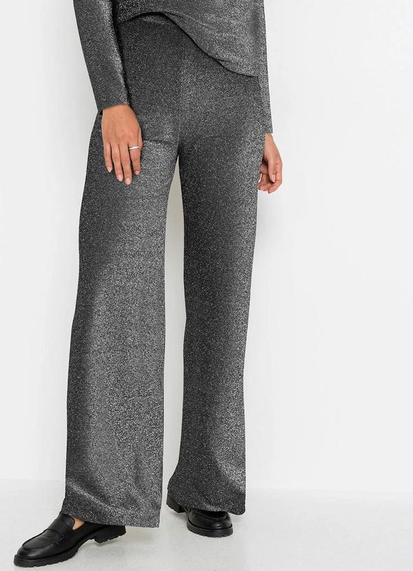 Calça Preto e Prata em Malha com Lurex