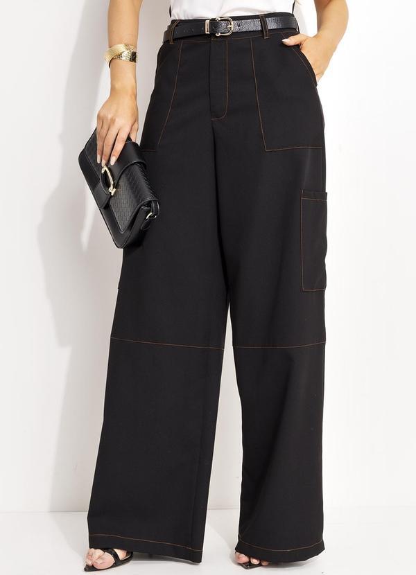 Calça Pantalona Alfaiataria Preta com Costura Contrastante e Bolsos