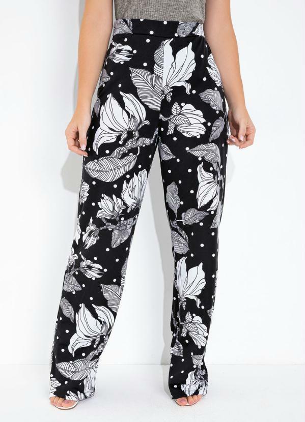 Vista 2 Calça Reta com Botões Floral Preta Moda Pop Moda Pop