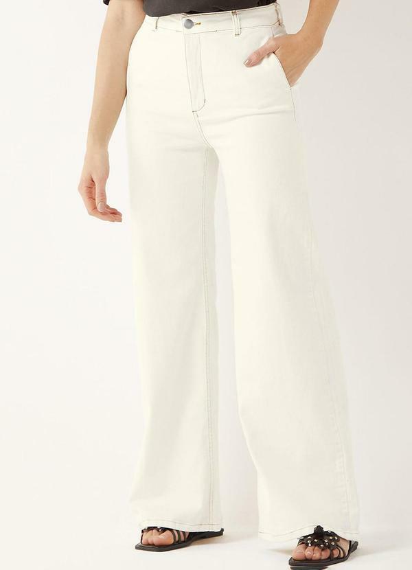 Calça Feminina Sarja Wide Leg Bolsos Bege