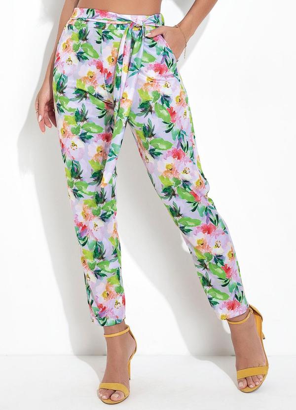 Calça Floral Borrado em Jersey Acetinado