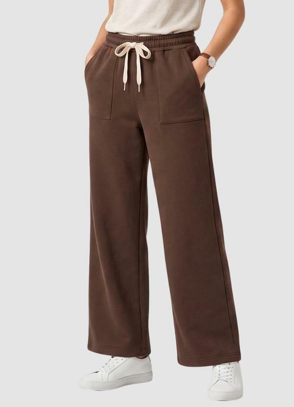Calça Moletom Peluciado Wide Leg 2 Bolsos Marrom
