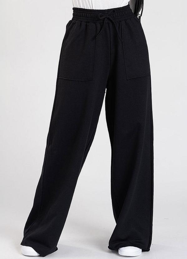 Calça Moletom sem Pelúcia Wide Leg Val Preto