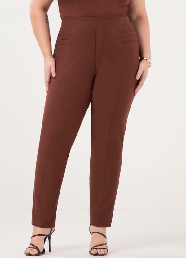 Vista 2 Calça Reta com Cós Elástico Diagonal Marrom Lunender Mais Mulher Lunender Mais Mulher