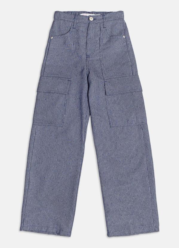 Calça Wide Denim com Listras em Lurex Prata]