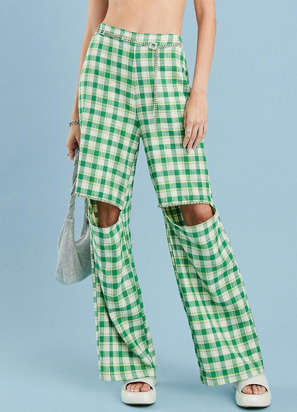 Calça Xadrez com Pedraria Verde