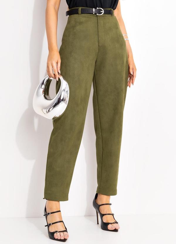 Calça Balão em Malha Suede Verde Militar com Cintura Alta
