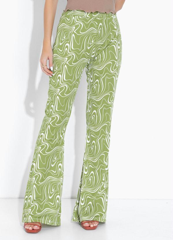Vista 2 Calça Efeito Líquido Verde Flare com Elástico Moda Pop Moda Pop