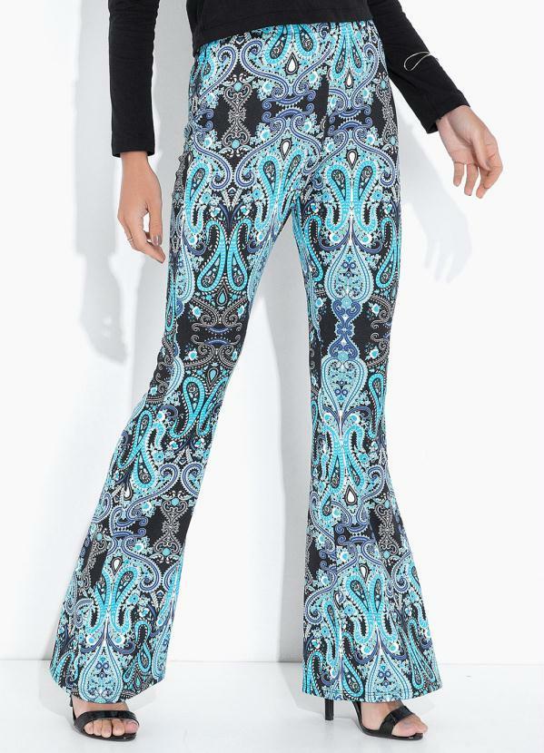 Calça Flare Estampada Mandala Azul