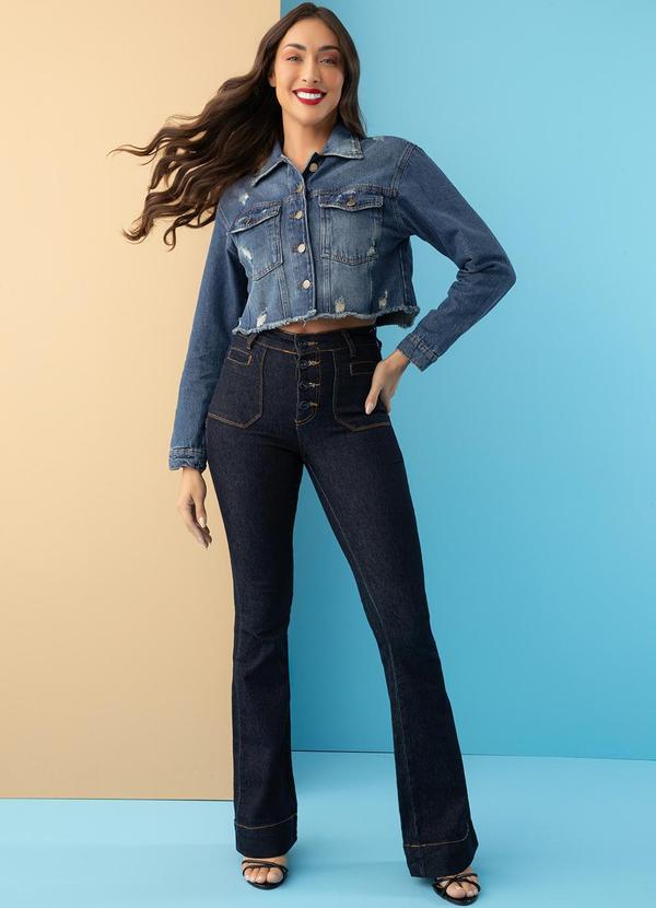 Calça Flare Jeans Escuro Sawary com Botões