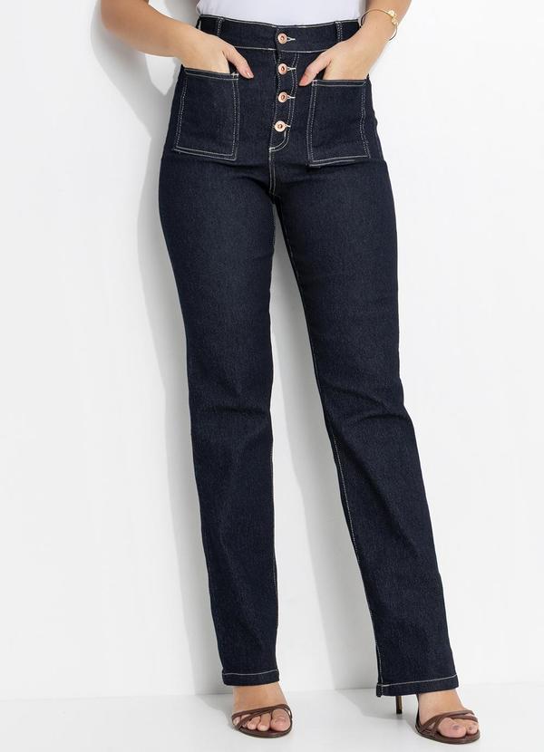 Calça Jeans Reta Cintura Alta com Botões Frontais e Bolsos Quadrados