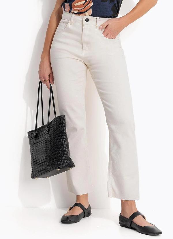 Calça Jeans Off White Reta Cintura Alta em Algodão com Bolsos