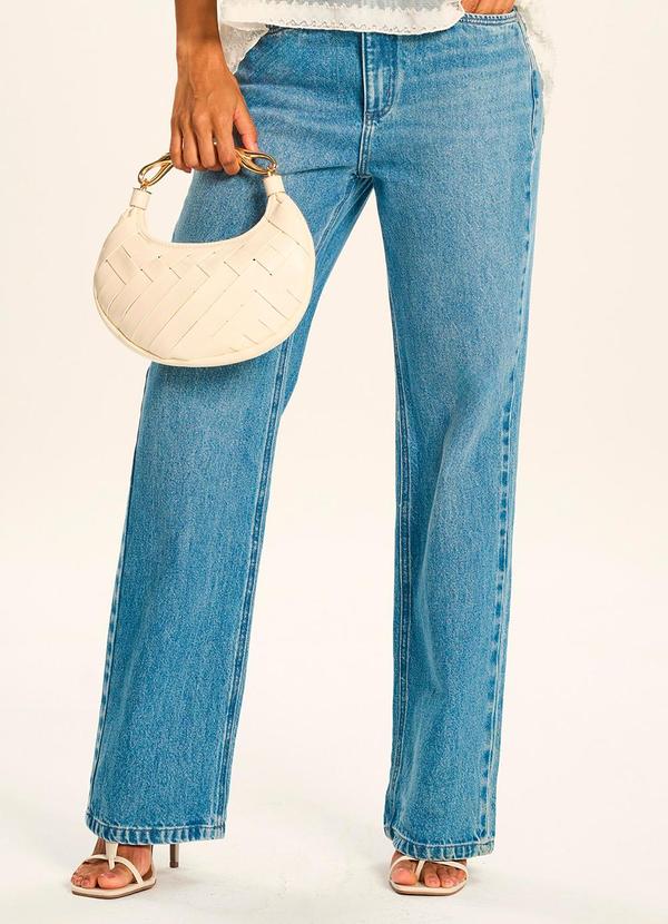 Calça Jeans Reta Cintura Alta Peônia Azul