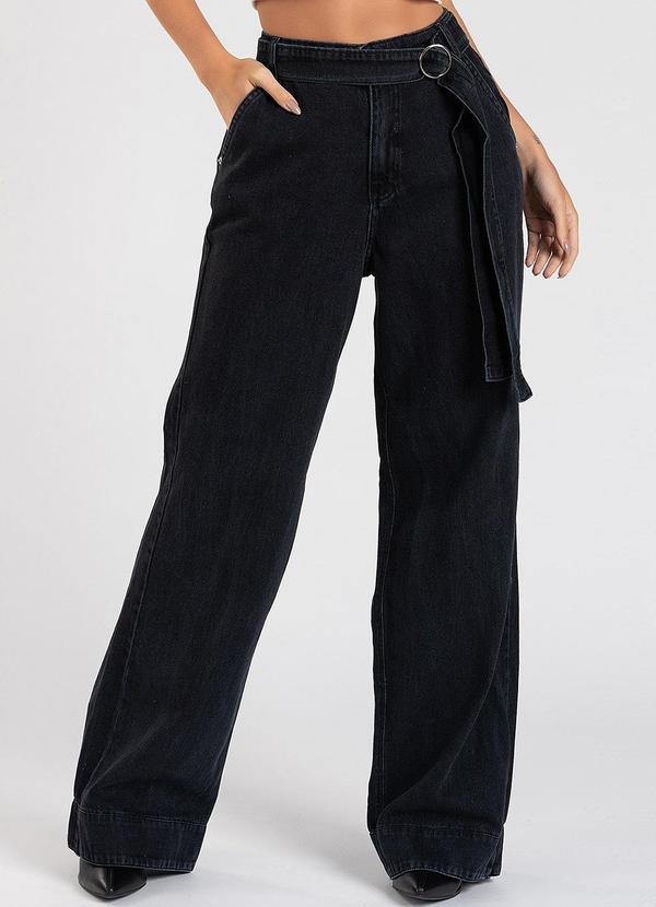 Calça Jeans Wide Leg c/ Cinto Removível Preto