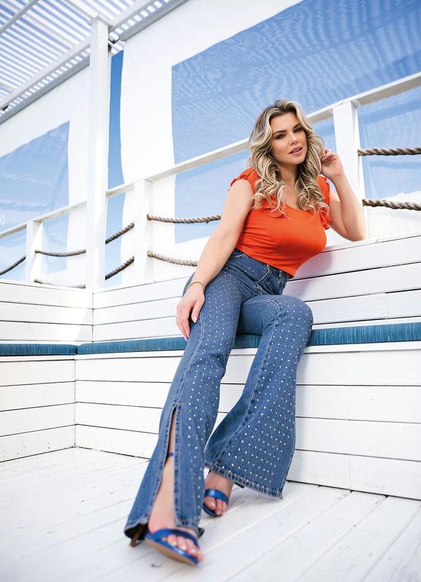 Calça Jeans Wide Leg com Brilho e Fendas Sawary