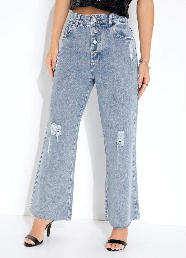 Calça Jeans Wide Leg com Efeito Destroyed Sawary