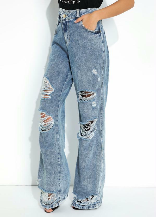 Calça Jeans Wide Leg Destroyed Sawary