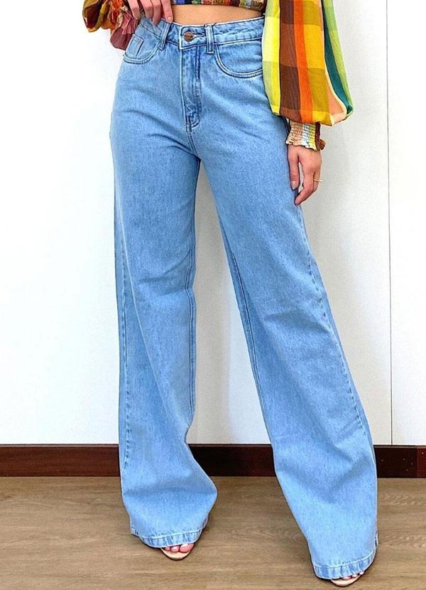 Vista 2 Calça Jeans Wide Leg Reta Marmorizada Azul Meu Jeans Meu Jeans