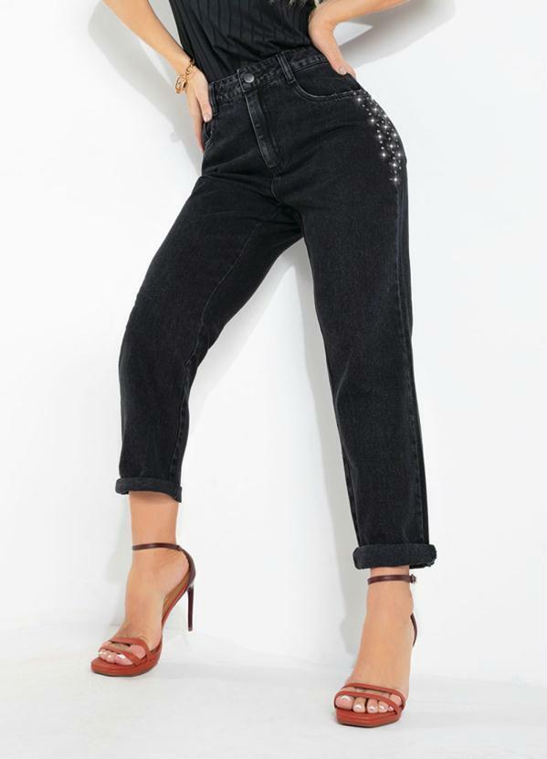 Calça Preta Reta com Apliques Laterais Sawary