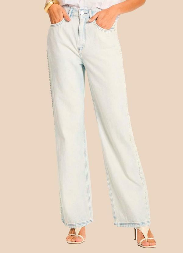 Calça Reta Jeans com Pérolas Peônia Azul