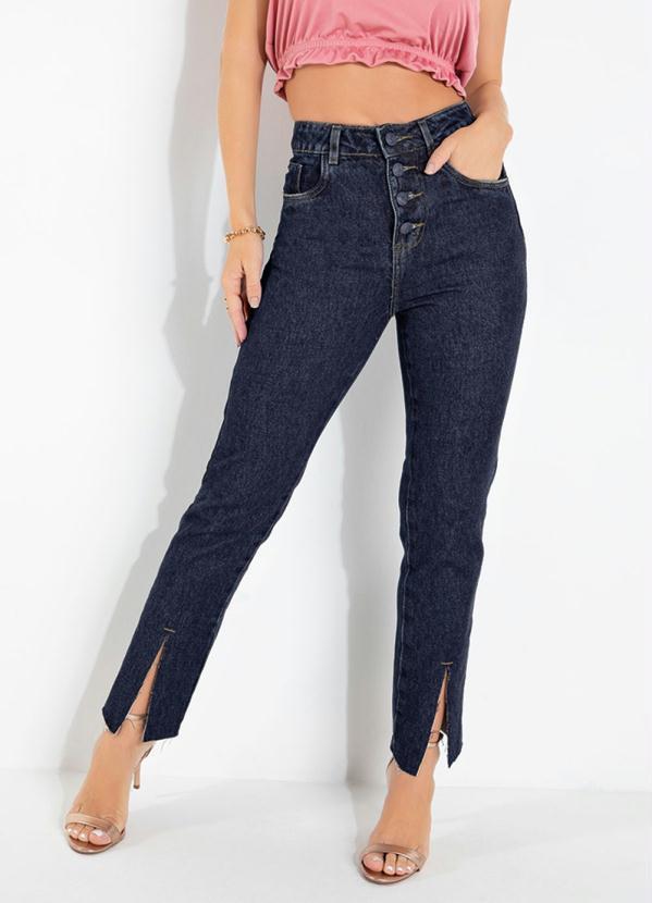 Calça Sawary Jeans Escura com Botões e Fendas