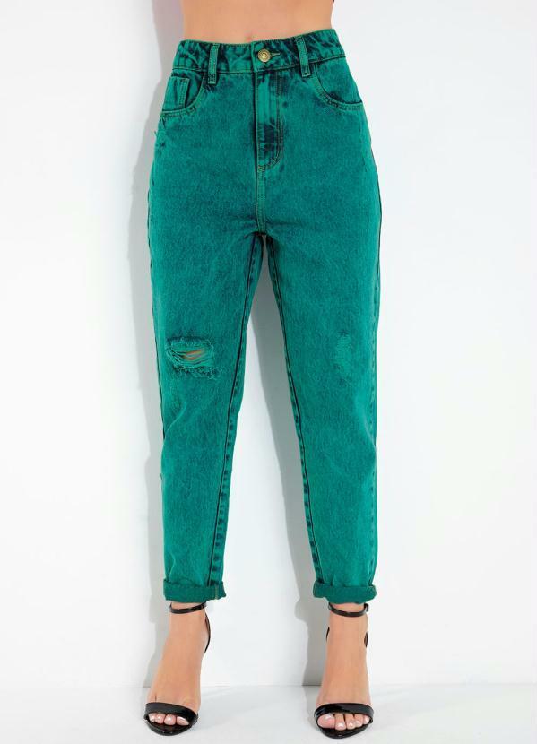 Calça Verde Mom Jeans com Puídos Sawary