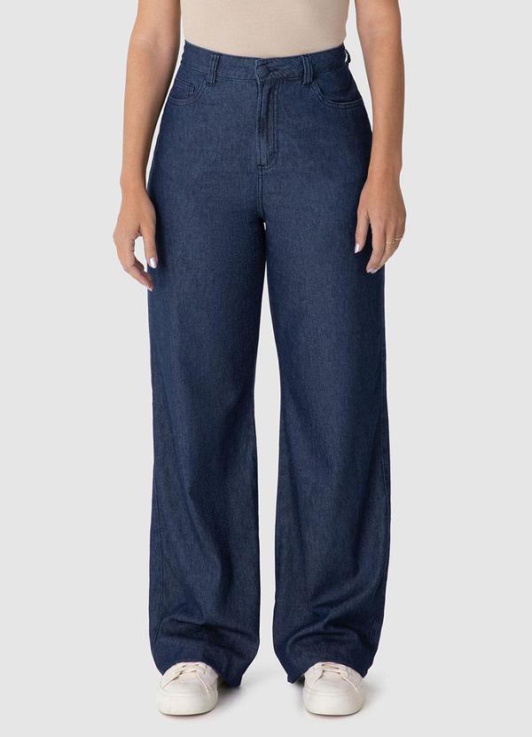 Calça Wide Leg Jeans Cintura Alta Azul Escuro