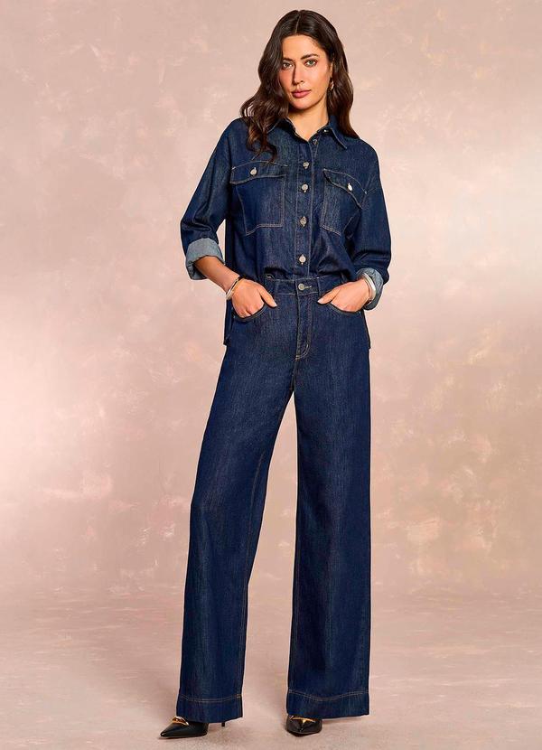 Calça Wide Leg Retrô Glam em Denim Azul