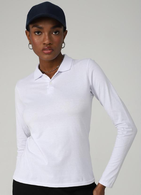 Vista 2 Camisa Polo Manga Longa Feminina Branco Basicamente Basicamente