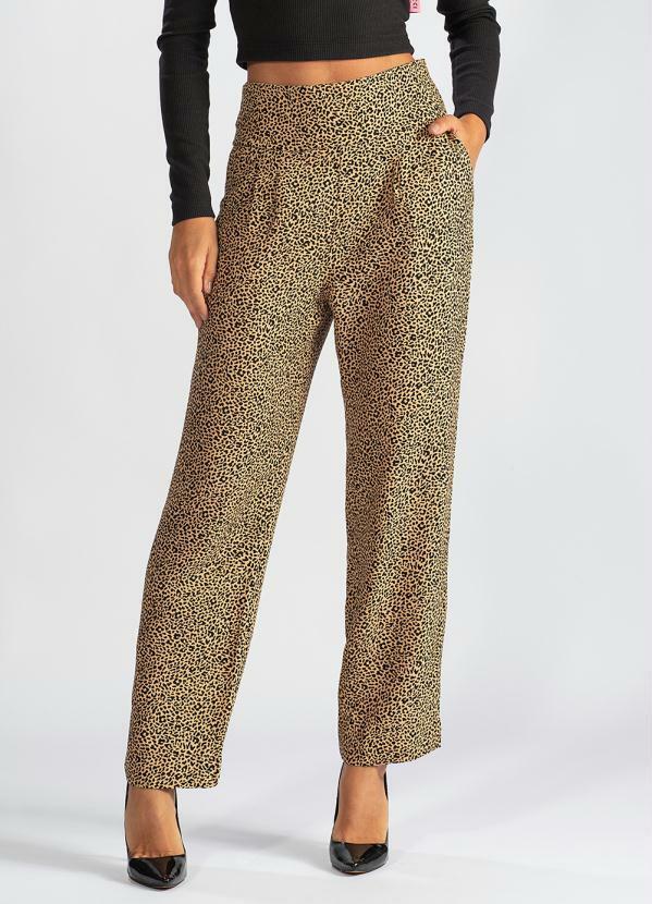 Calça Ampla de Viscose Estampa de Onça Marrom