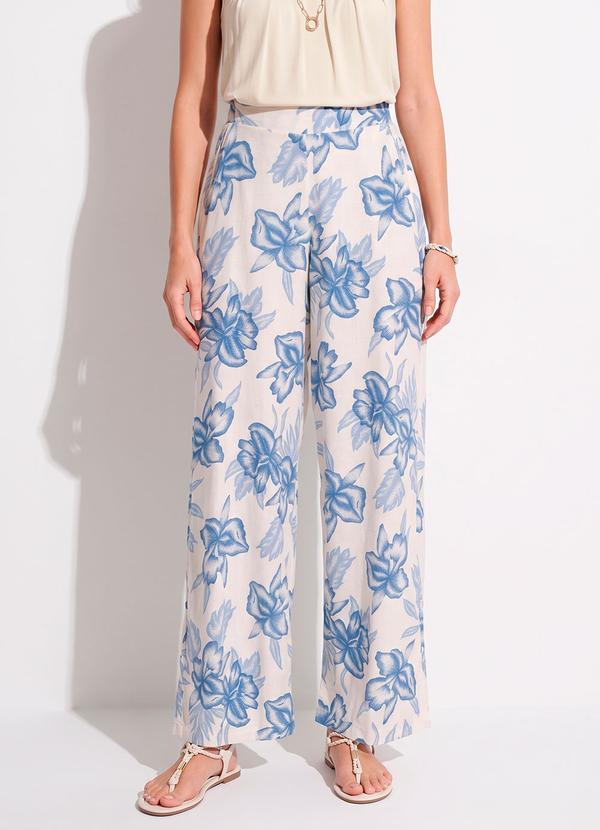 Calça Floral Grande Azul em Linho