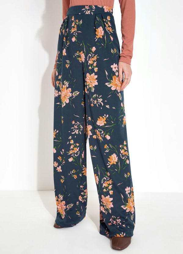 Calça Floral Marinho Cintura Alta