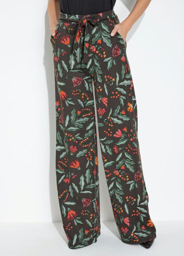 Calça Floral Preto Bolsos e Detalhe de Amarração