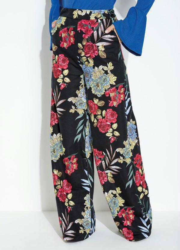 Calça Floral Preto Cintura Alta