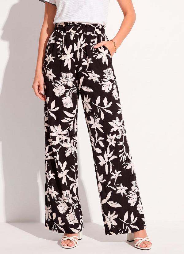 Calça Floral Preto e Off White em Viscose Plana
